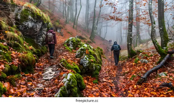 Hiking Trail Through Foggy Autumn Forest