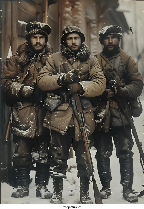 Three soldiers in winter gear pose for a photo