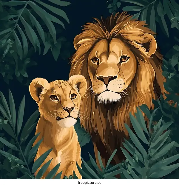 Lion and Cub in Jungle Illustration