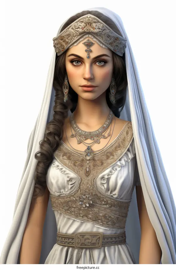 An illustration of a beautiful woman wearing a white dress and a golden headpiece.