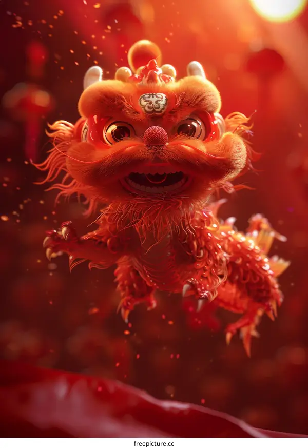 3D Rendering of a Red and Yellow Lion Performing the Lion Dance