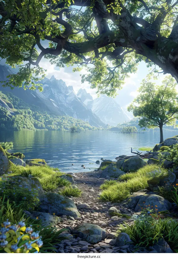 Fantasy Landscape with Lake and Mountains