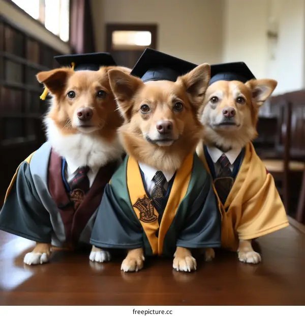 Three dogs wearing graduation caps and gowns