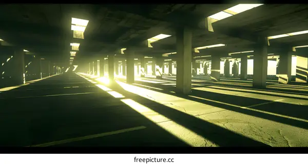 Empty Concrete Parking Garage With Sunbeams