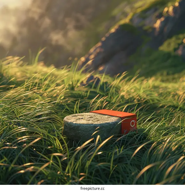 Grass field with a single rock in the foreground
