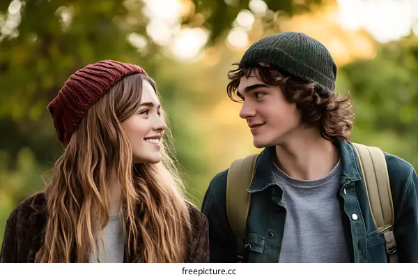 Couple in Love Looking at Each Other in a Forest