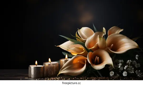 Elegant calla lilies with lit candles on a dark background