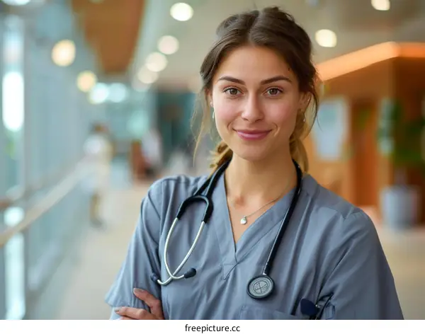 Portrait of a smiling young female doctor in a hospital hallway