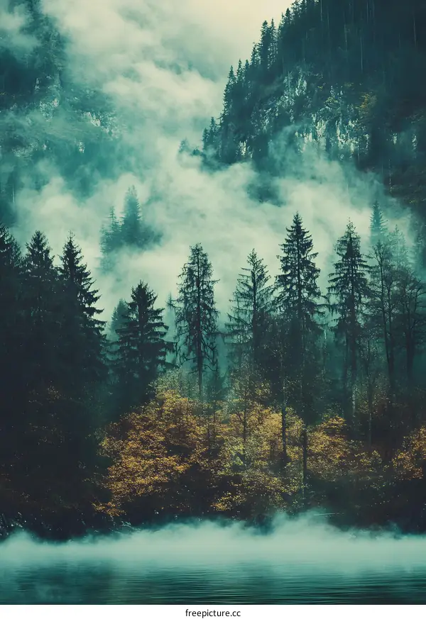 Foggy Forest Landscape with Lake and Mountains