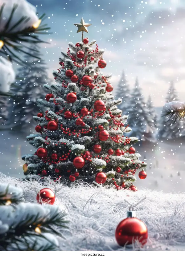 Snowy Christmas Tree with Red Ornaments