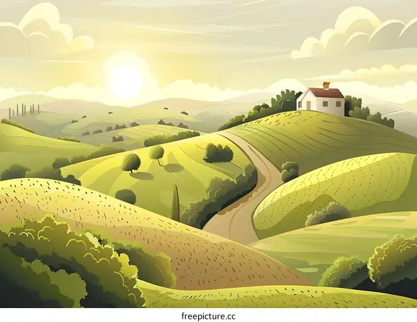 Green Rolling Hills Countryside Landscape With House and Winding Road