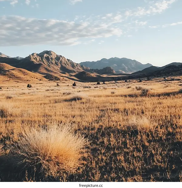 Golden Grass Field with Mountain Range Under Cloudy Blue Sky