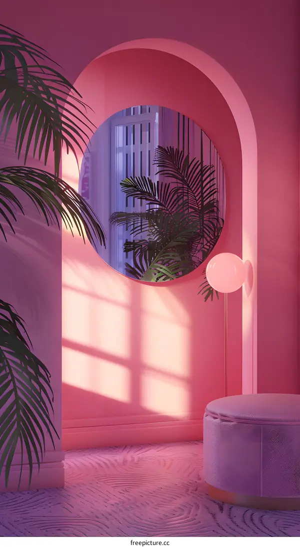 Pink Room Interior Design With Archway And Palm Tree