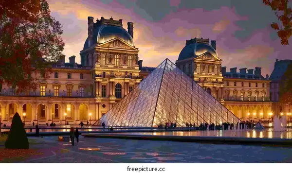 The Louvre Museum in Paris, France at dusk