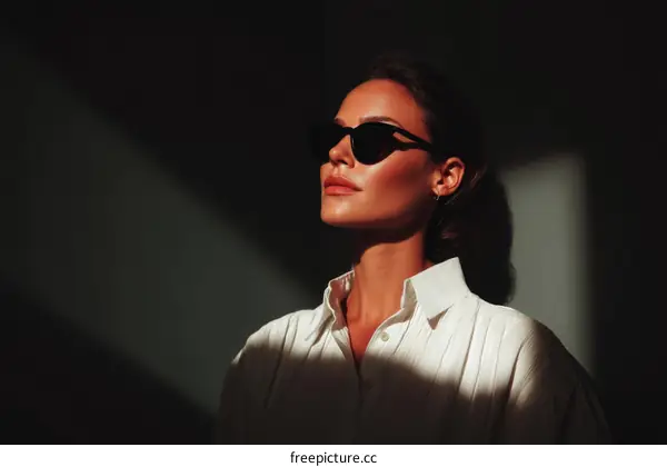 Stylish Woman in White Shirt with Sunglasses