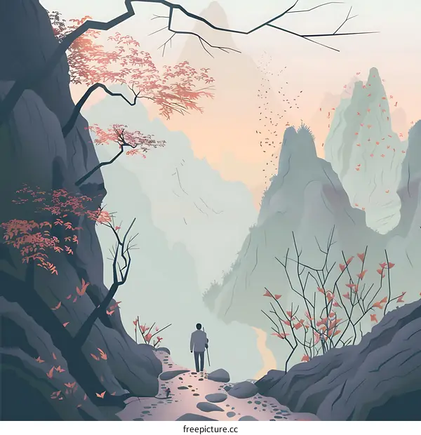 Man Walking Through Mountain Pass with Falling Leaves