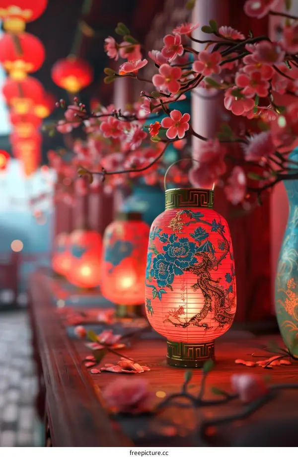 Red Paper Lantern with Cherry Blossoms: Chinese New Year Decoration