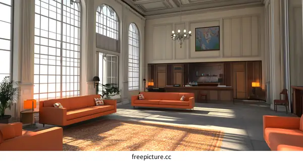 Large Room With Orange Couches And  Windows