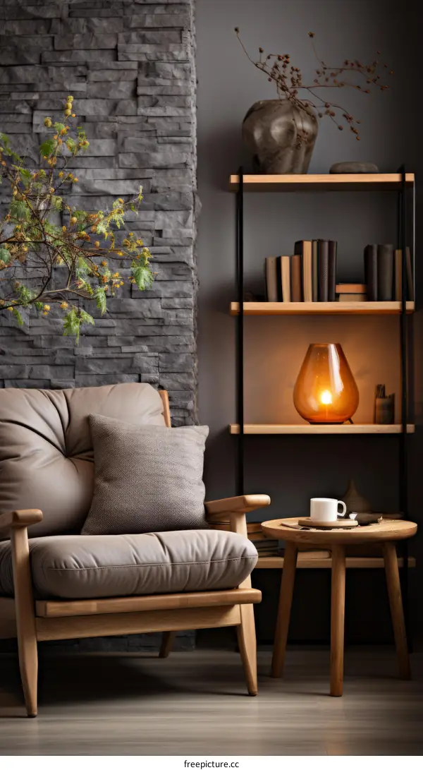 Modern Living Room with Leather Chair and Wooden Table