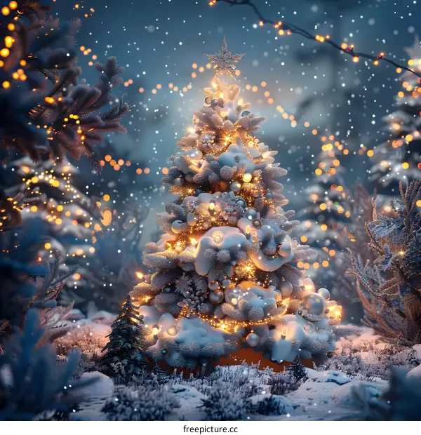 Christmas tree shining in the snow