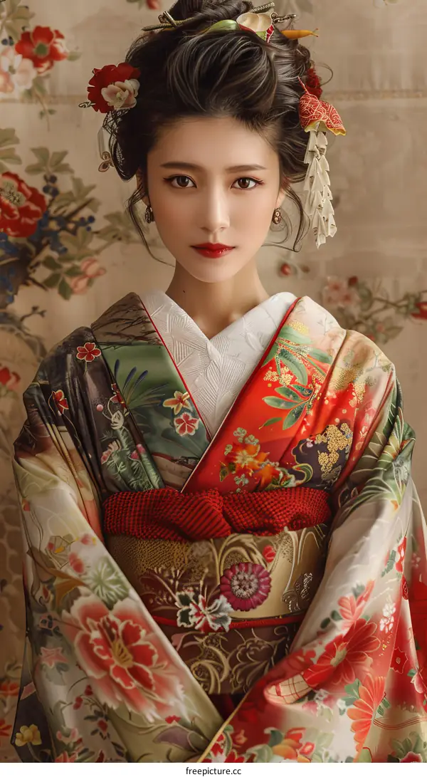 Portrait of a young woman in a kimono