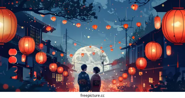 Couple in Kimono Under a Full Moon in Traditional Japanese Town