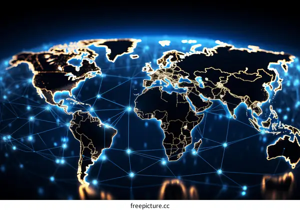 A glowing blue and gold world map showing international connections