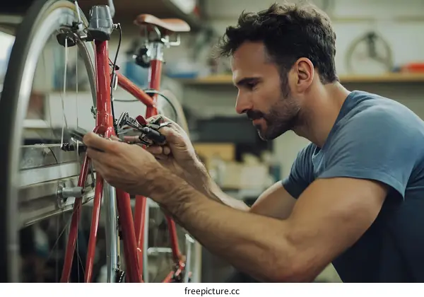Man Fixing Bicycle in Workshop