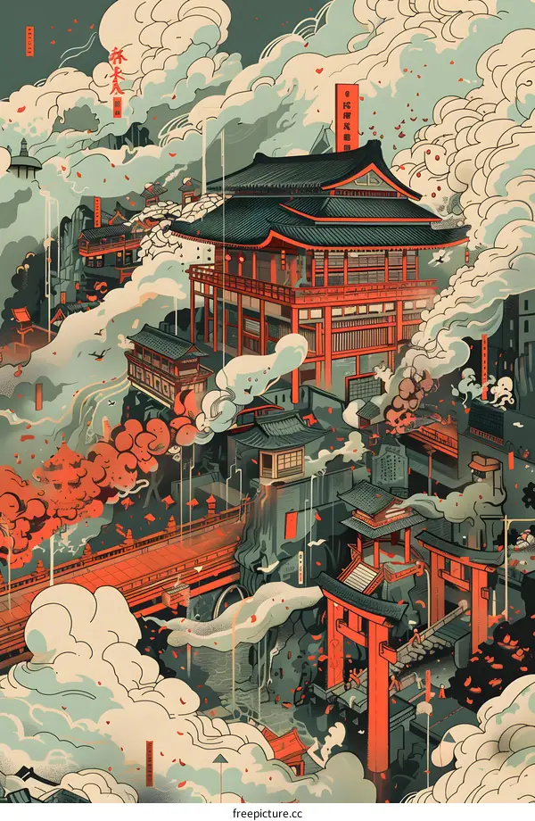 Traditional Chinese Architecture Illustration With Red Bridge And Torii Gate