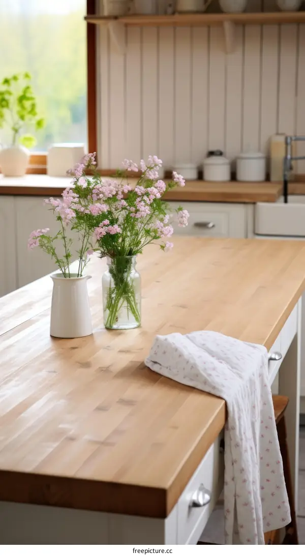 Flowers in a vase on a kitchen counter