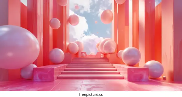 Abstract Pink Geometric Stairway with Floating Spheres