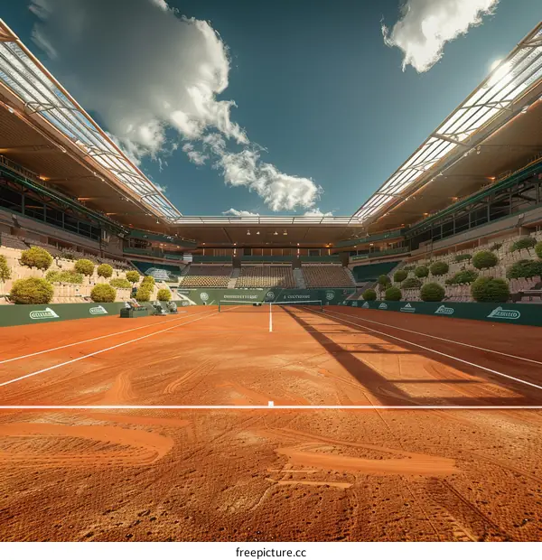An empty tennis court with red clay surface and blue sky