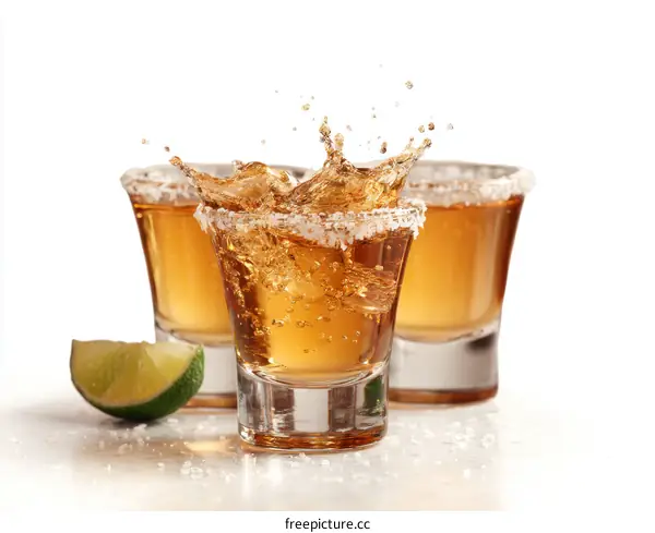 Golden Tequila Shots with Salt and Lime Splashing