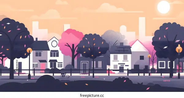 Autumn Illustration of a Peaceful Suburban Street with Houses and Trees