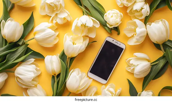 White Tulips and Smartphone on Yellow Background