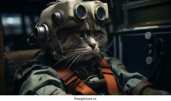 A cat wearing a helmet and a parachute is sitting in a car.