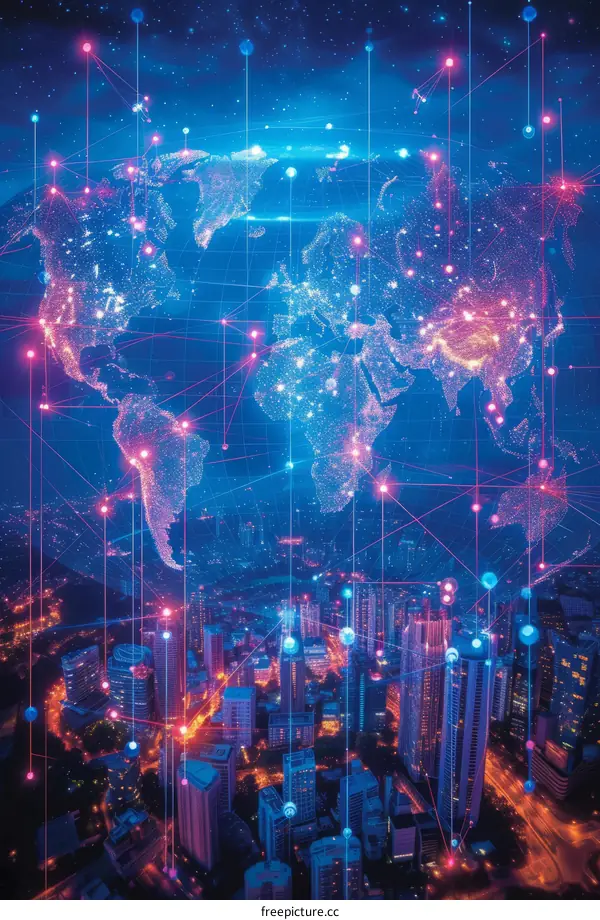 A digital illustration of a city at night with a glowing network of connections above it.