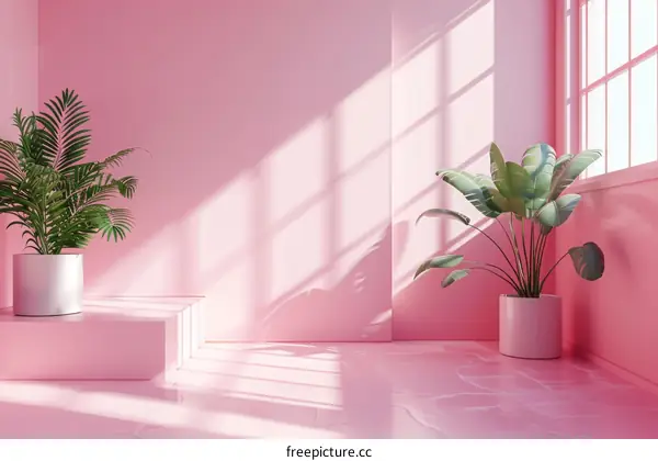 Pink Minimalist Interior Scene with Plants