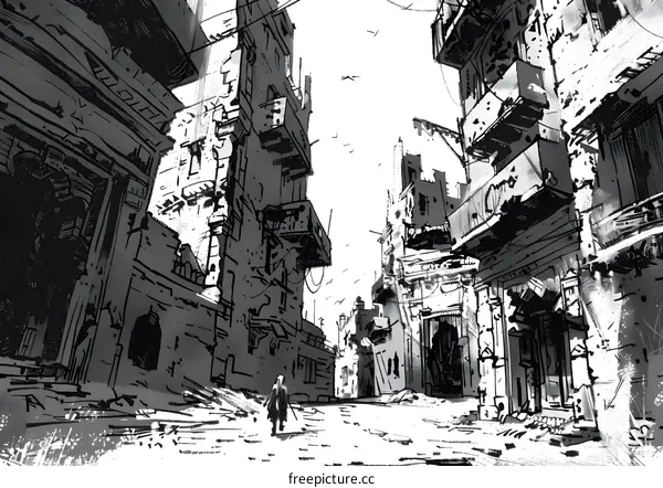 Black and White Illustration of a Desolate City Street