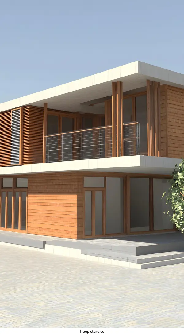 Modern Architectural Design with Wooden Facade and Balcony
