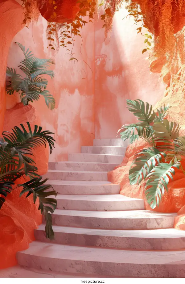 Pink Pastel Spiral Staircase in a Tropical Oasis