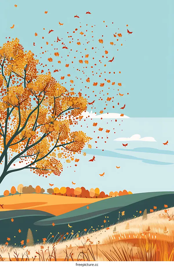 Autumn Landscape with Falling Leaves and Birds