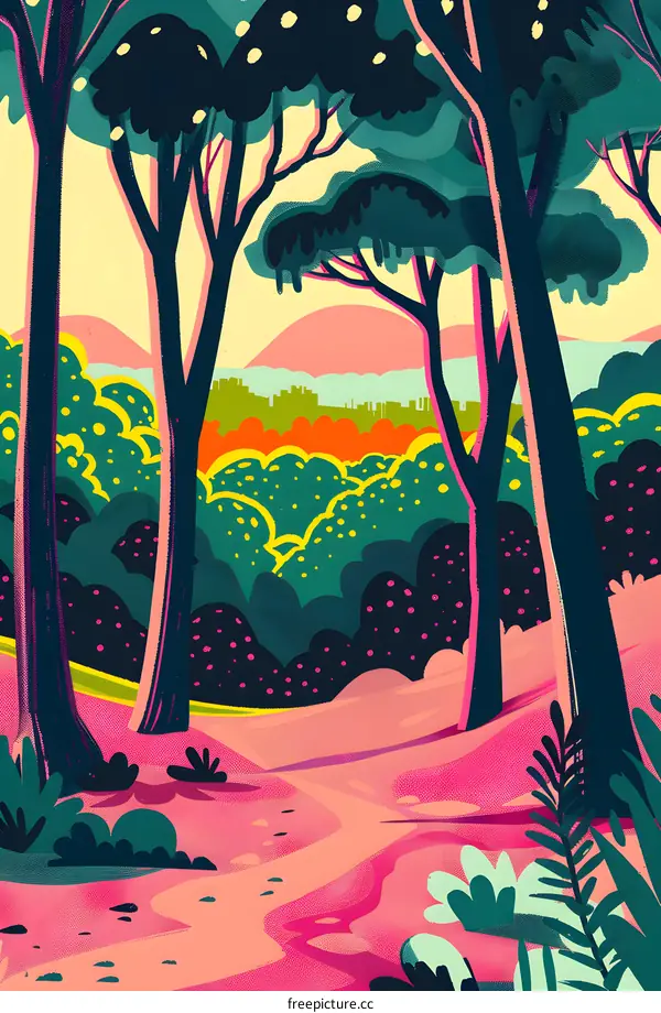 Colorful Illustration of a Forest Path Leading to a Distant City