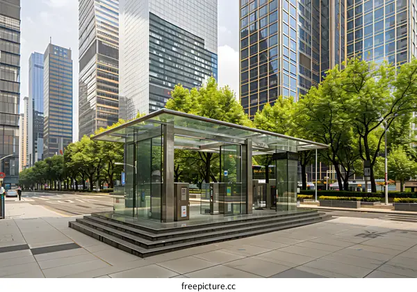 Modern Glass Entrance With Automatic Doors In A City