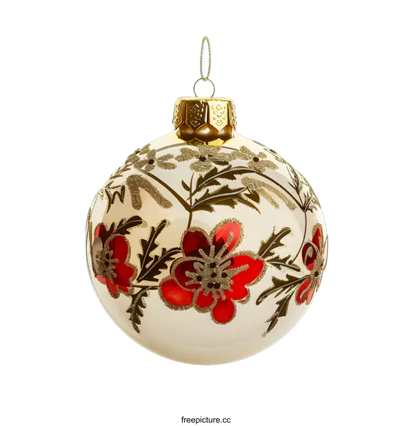 [Transparent Background PNG]White Christmas Ornament with Red Flowers and Gold Glitter