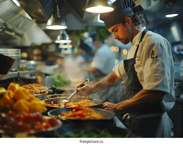 Focused Chef Hard At Work In Busy Commercial Kitchen