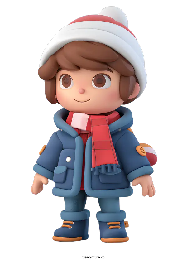 [Transparent Background PNG]3D rendering of a cute cartoon boy wearing a winter coat and hat