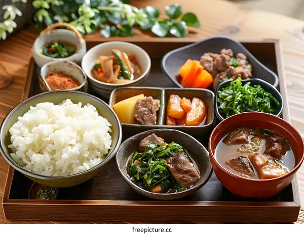 Japanese Cuisine with Steamed Rice, Stir Fried Vegetables, and Soup