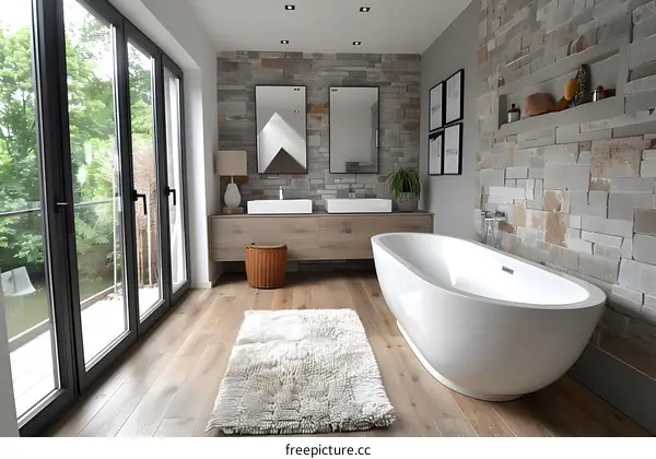 Modern Bathroom with Natural Stone Walls & Freestanding Tub