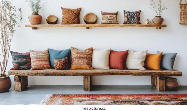 Wooden Bench with Colorful Ethnic Pillows